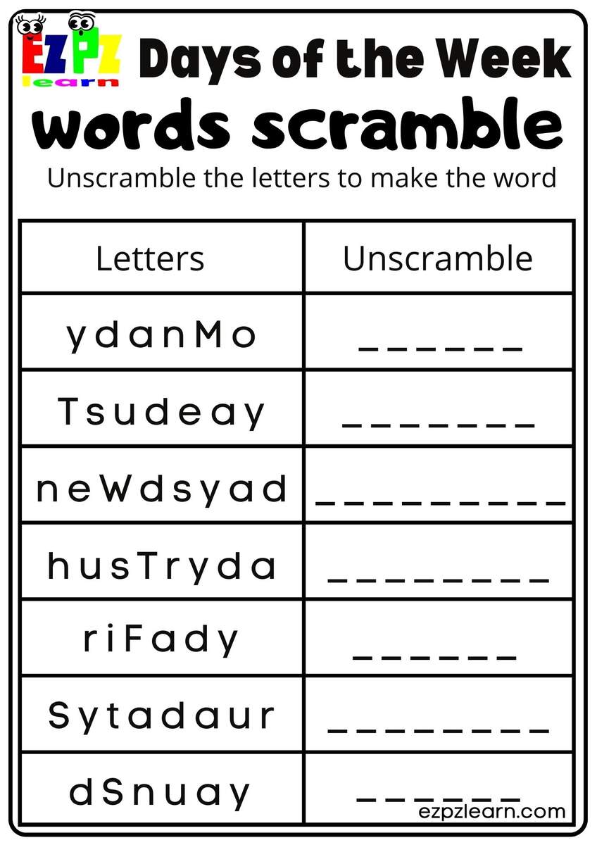 Word Scramble Days Of The Week Kids Activity Ezpzlearn Tracing Page Days Of The Week Ezpzlearn