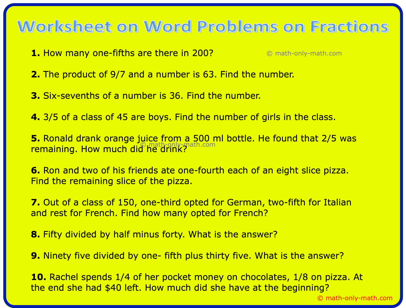 Worksheet On Word Problems On Fractions Fraction Word Problems Ans Word Problems Of Fractions Worksheets Math Worksheets Worksheets Library