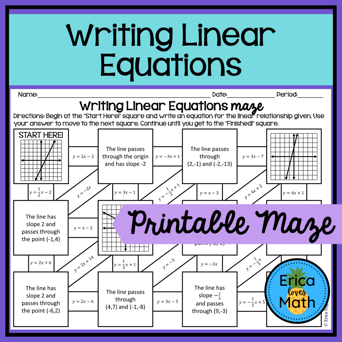 Writing Linear Equations Activity Maze Classful FREE Graph Linear Equations Puzzles Match Equation Table Graph